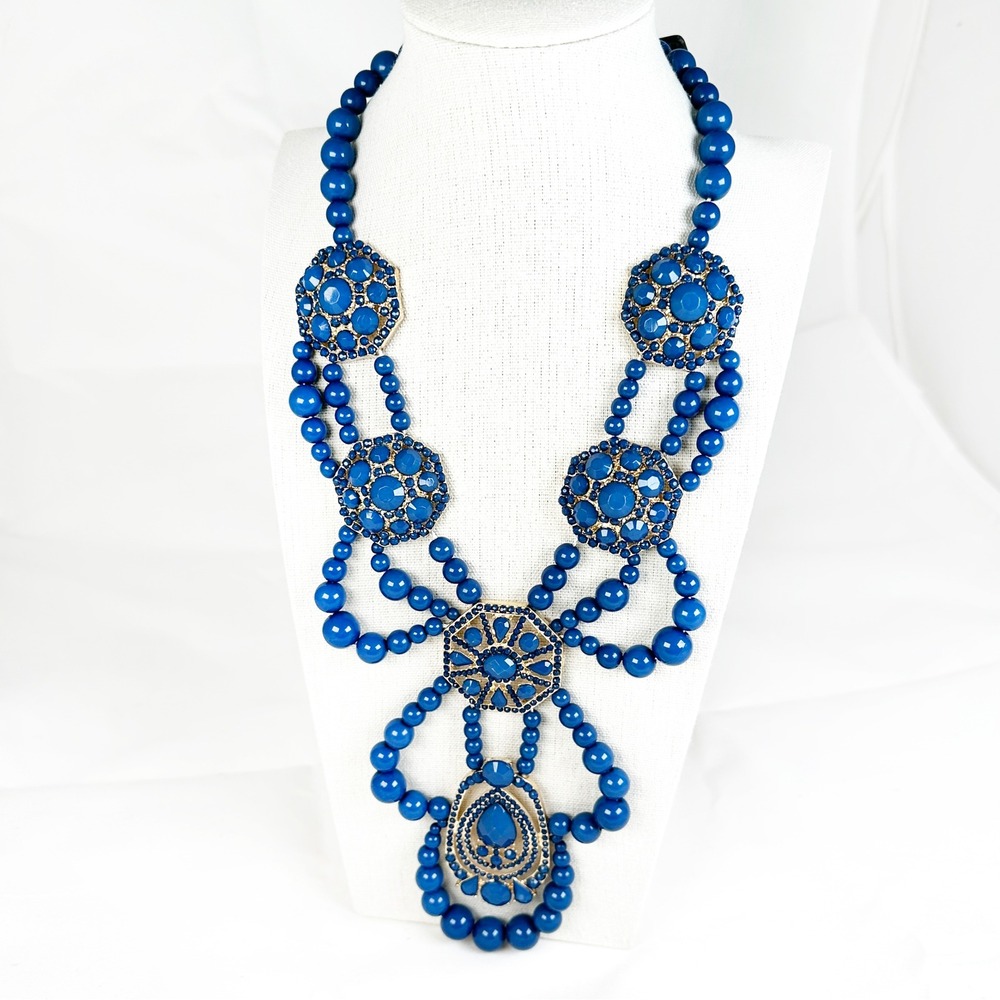 Vintage Saks Fifth Avenue Royal Blue Beaded Bib Statement Necklace‎ Goldtone